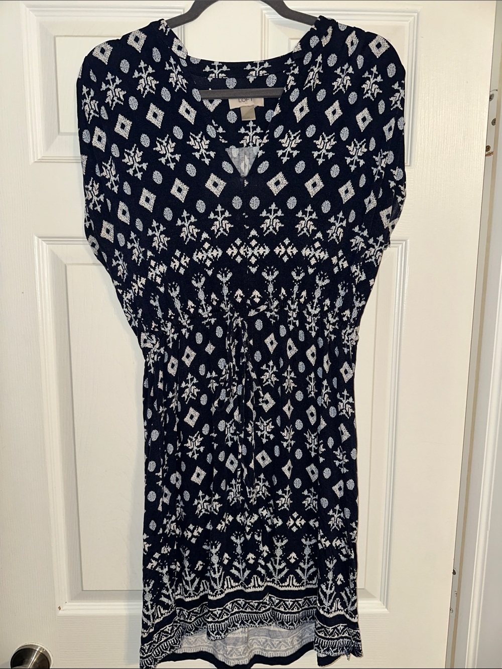 LOFT Navy Blue and White Printed Midi Dress